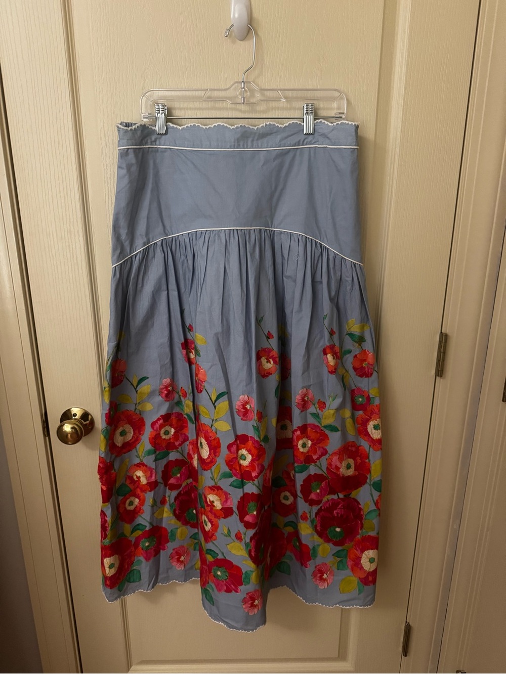 Blue Midi Skirt with Red Floral Border